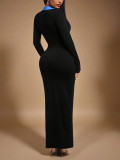 Lapel Long Sleeve Split Maxi Dress HNIF-YY052