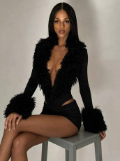 Deep V Neck Long Sleeve Bodysuit GHYX-XYY012