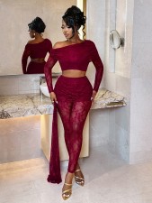 Lace Slash Shoulder Skinny Two Piece Pants Set GHYX-TXY5595