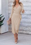 Plus Size V Neck Long Sleeve Tie Up Midi Dress GMYS-LWZ0060