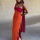 Plus Size Contrast Color Scarf Collar Camisole Maxi Dress GHMF-30688