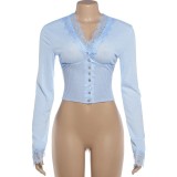 Lace Edge V Neck Long Sleeve T Shirt GYME-K6L18398A
