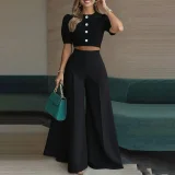 Plus Size Short Sleeve Solid Color Top Two Piece Pants Set GHMF-29854