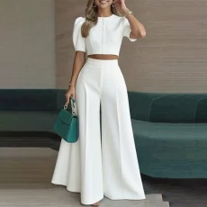 Plus Size Short Sleeve Solid Color Top Two Piece Pants Set GHMF-29854