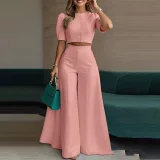 Plus Size Short Sleeve Solid Color Top Two Piece Pants Set GHMF-29854