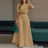 Plus Size Short Sleeve Solid Color Top Two Piece Pants Set GHMF-29854