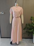 Plus Size Short Sleeve Solid Color Top Two Piece Pants Set GHMF-29854