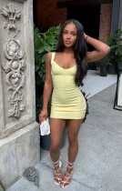 Solid Color V Neck Sling Mini Dress GKYS-2627-022