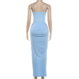 Solid Color Sling Bodysuit Split Long Skirt 2 Piece Set GYME-K6S17145A