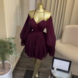 Tie Up Lantern Sleeve Mini Dress GCNE-75791