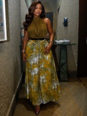 Sleeveless Solid Color Top Printed Long Skirt Suit GCNE-75819