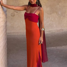 Plus Size Contrast Color Scarf Collar Camisole Maxi Dress GHMF-30688