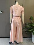 Plus Size Short Sleeve Solid Color Top Two Piece Pants Set GHMF-29854