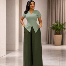 Solid Color Top Wide Leg Pants 2 Piece Set GCNE-75491