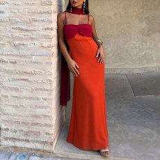 Plus Size Contrast Color Scarf Collar Camisole Maxi Dress GHMF-30688