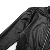 Solid Color Zipper Leather Patchwork Jumpsuit MXBF-D26JP403
