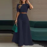 Plus Size Short Sleeve Solid Color Top Two Piece Pants Set GHMF-29854