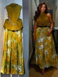 Sleeveless Solid Color Top Printed Long Skirt Suit GCNE-75819