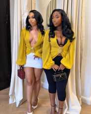 Deep V Neck Ruched Lantern Sleeve Shirt GCNE-75917
