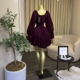 Tie Up Lantern Sleeve Mini Dress GCNE-75791