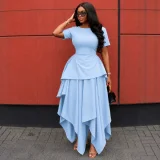 Solid Color Short Sleeve Irregular Maxi Dress GCNE-75858