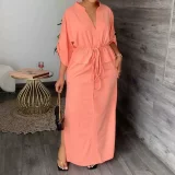 Plus Size Solid Color Bat Sleeve Split Maxi Dress GHMF-8849