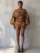 Printed Lantern Sleeve Two Piece Shorts Set GQLK-6610