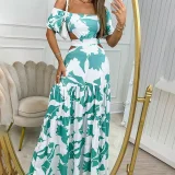 Plus Size Printed Short Sleeve Tie Up Maxi Dress GHMF-8157