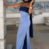 Plus Size Contrast Color Scarf Collar Camisole Maxi Dress GHMF-30688