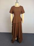 Solid Color Short Sleeve Irregular Maxi Dress GCNE-75858