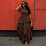 Solid Color Short Sleeve Irregular Maxi Dress GCNE-75858