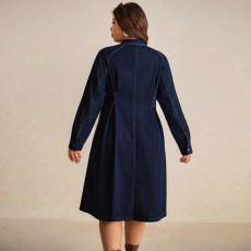 Plus Size Long Sleeve Lapel Denim Midi Dress GDAM-218852