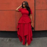 Solid Color Short Sleeve Irregular Maxi Dress GCNE-75858
