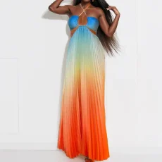 Plus Size Hollow Out Gradient Halterneck Maxi Dress GHMF-29040