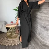 Plus Size Solid Color Bat Sleeve Split Maxi Dress GHMF-8849