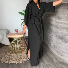 Plus Size Solid Color Bat Sleeve Split Maxi Dress GHMF-8849
