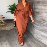 Plus Size Solid Color Bat Sleeve Split Maxi Dress GHMF-8849