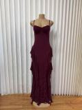 Solid Color Ruffles Sling Maxi Dress GMYU-11536