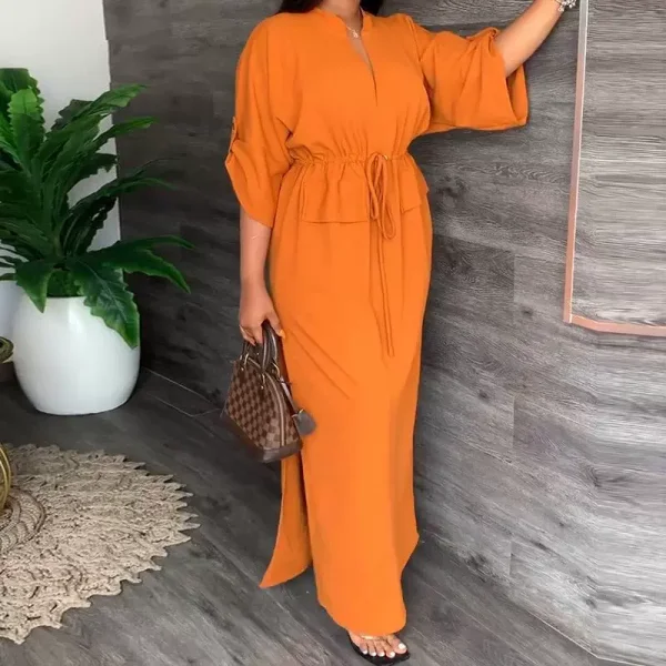 Plus Size Solid Color Bat Sleeve Split Maxi Dress GHMF-8849