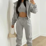 Plus Size Solid Color Sport Sweatshirt+Vest+Pants 3 Piece Set GHMF-8864
