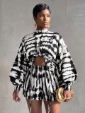Printed Lantern Sleeve Two Piece Shorts Set GQLK-6610