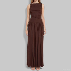 Plus Size Sleeveless Solid Color Pleated Maxi Dress GHMF-28818