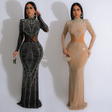 Mesh Hot Drill Long Sleeve Maxi Dress GMYU-8437