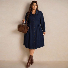 Plus Size Long Sleeve Lapel Denim Midi Dress GDAM-218852