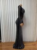 Mesh Hot Drill Long Sleeve Maxi Dress GMYU-8437