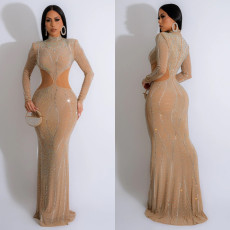 Mesh Hot Drill Long Sleeve Maxi Dress GMYU-8437