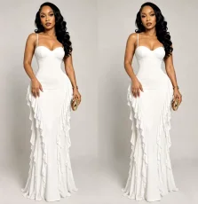 Solid Color Ruffles Sling Maxi Dress GMYU-11536