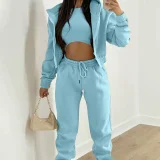 Plus Size Solid Color Sport Sweatshirt+Vest+Pants 3 Piece Set GHMF-8864