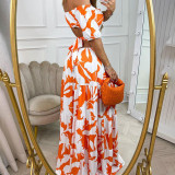 Plus Size Printed Short Sleeve Tie Up Maxi Dress GHMF-8157