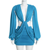 Solid Color Long Sleeve Ruched Mini Dress GSZM-C26DS396